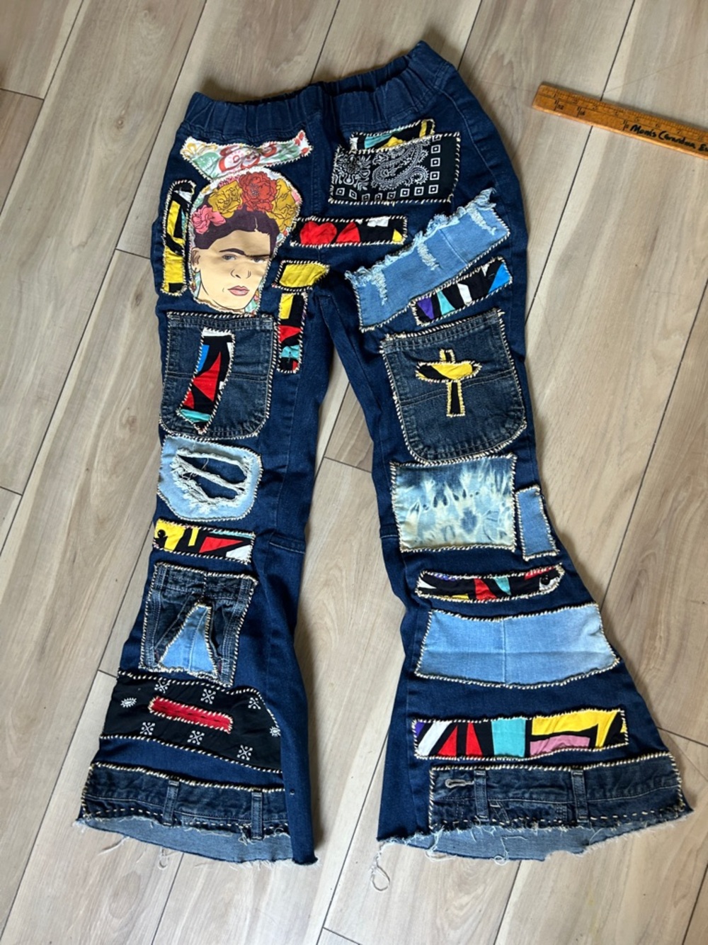 Upcycled Frida Kahlo embroidered Denim patchwork bell flare jeans  size L w